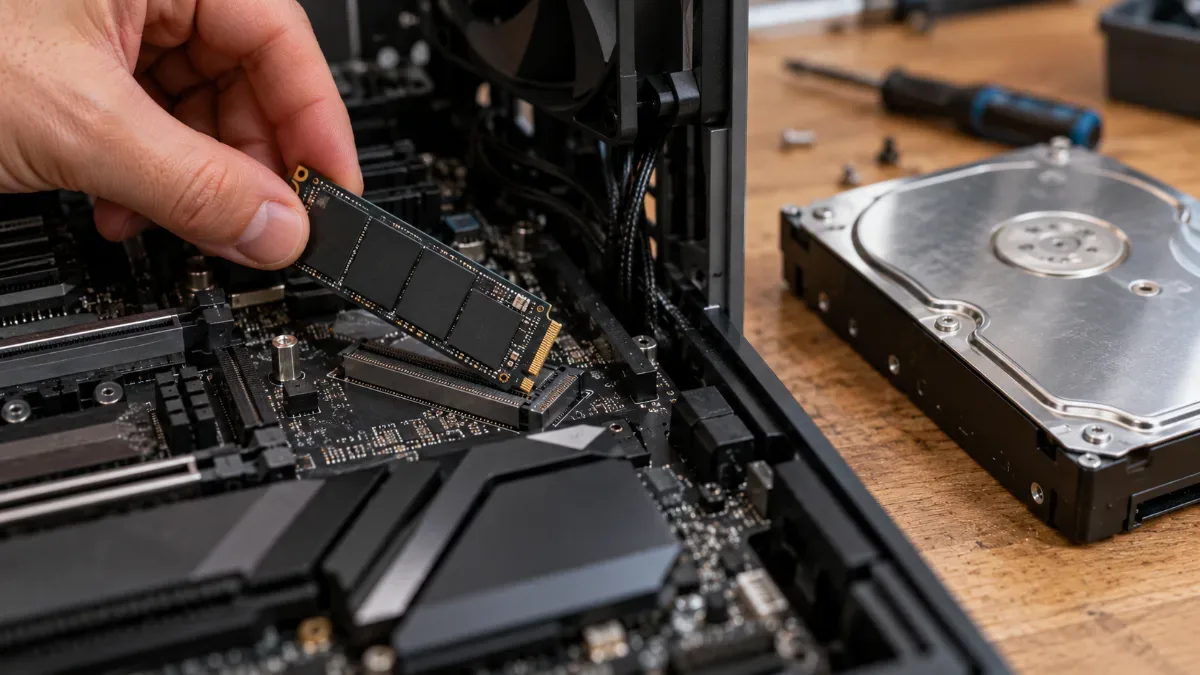 SSD M.2 NVMe à côté d'un disque dur HDD dans un PC