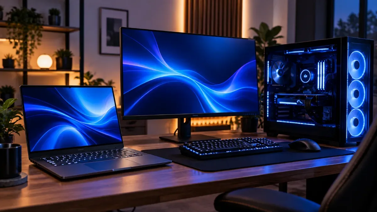 Laptop sitting on a desk next to a desktop gaming PC and its screen