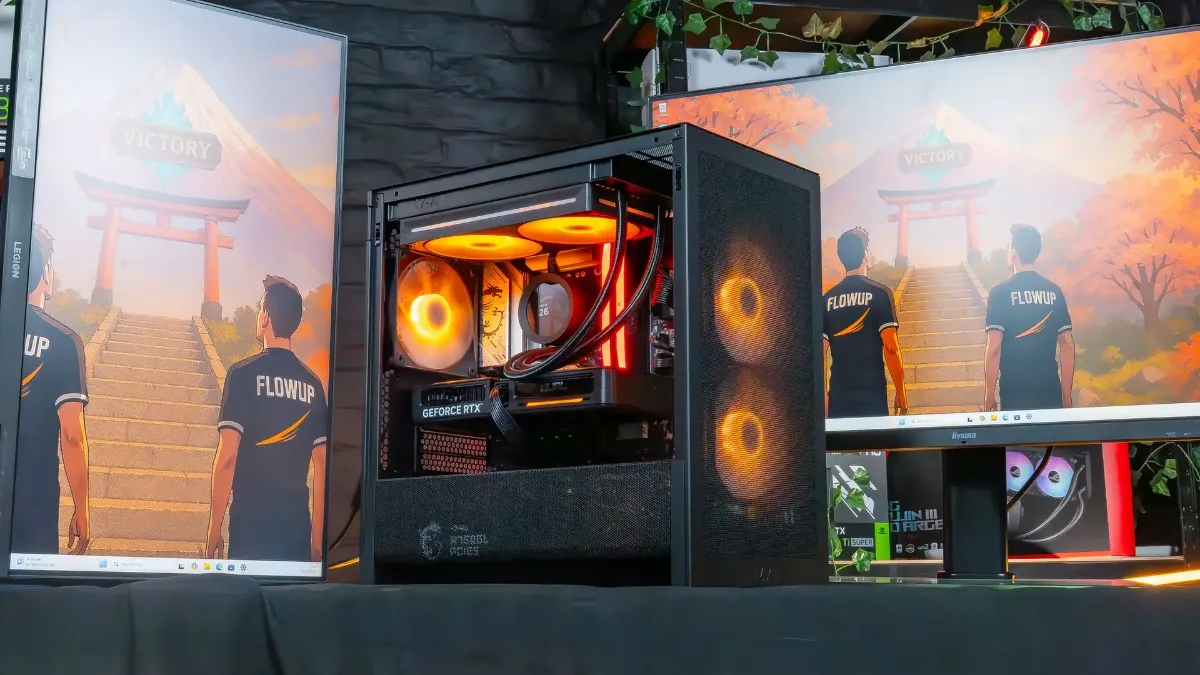 Gaming PC with a lit glass case, ready for ARK: Survival Ascended