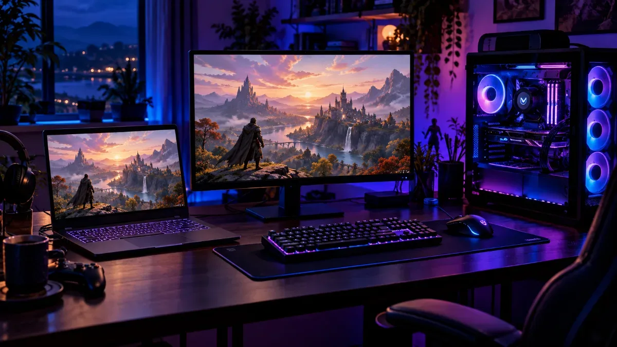 PC portable gamer posé à côté d'une tour de PC gamer sur un bureau