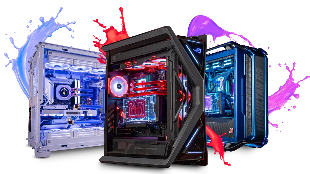 Trois PC gamer FlowUP à boîtiers vitrés éclairés
