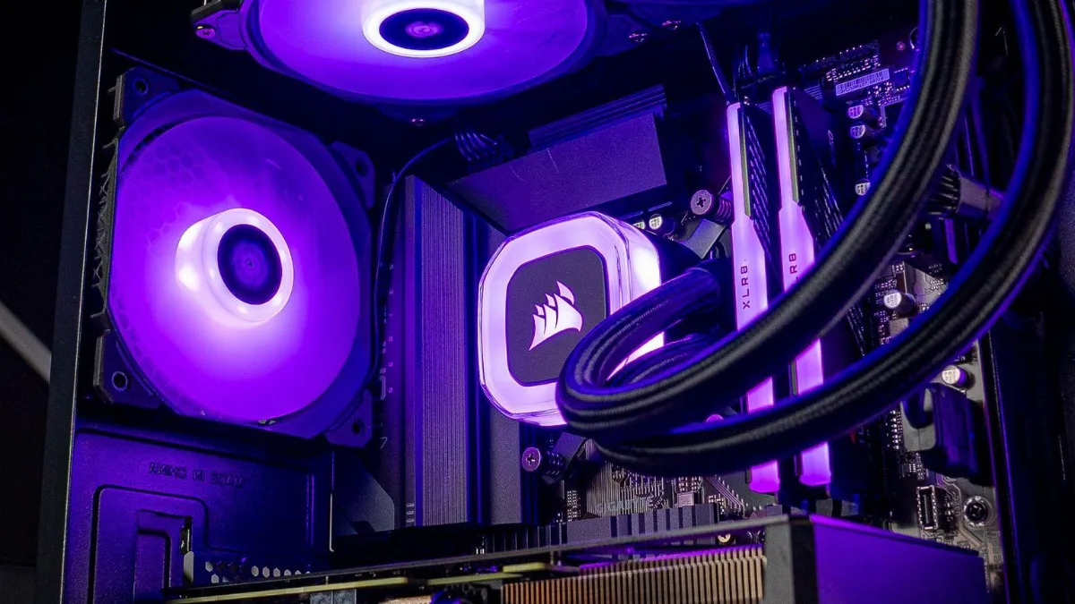 Inside a FlowUP gaming PC with GeForce RTX graphics card and water cooling