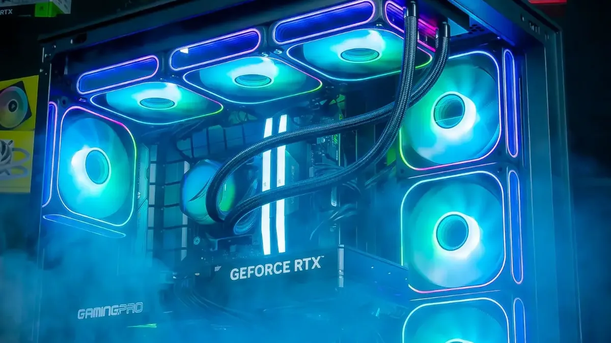 PC gamer FlowUP à boîtier panoramique avec ventilateurs RGB bleus