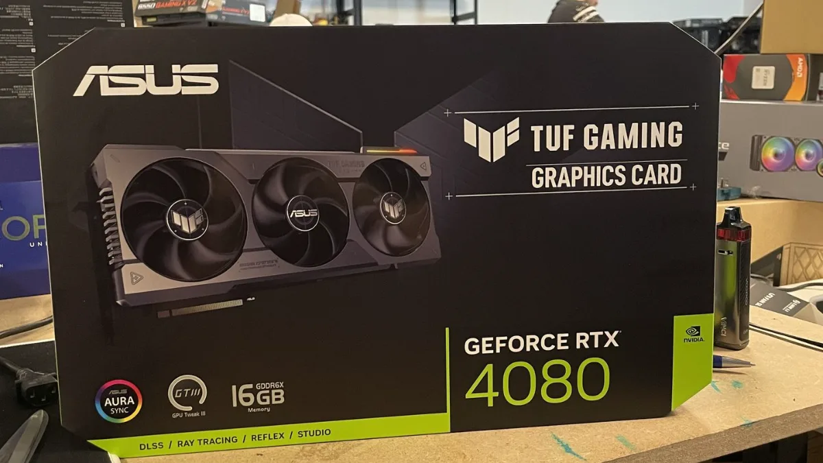 Box of an ASUS TUF Gaming GeForce RTX 4080 graphics card in the FlowUP workshop
