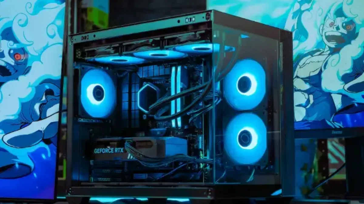 PC gamer FlowUP à boîtier panoramique avec ventilateurs RGB cyan