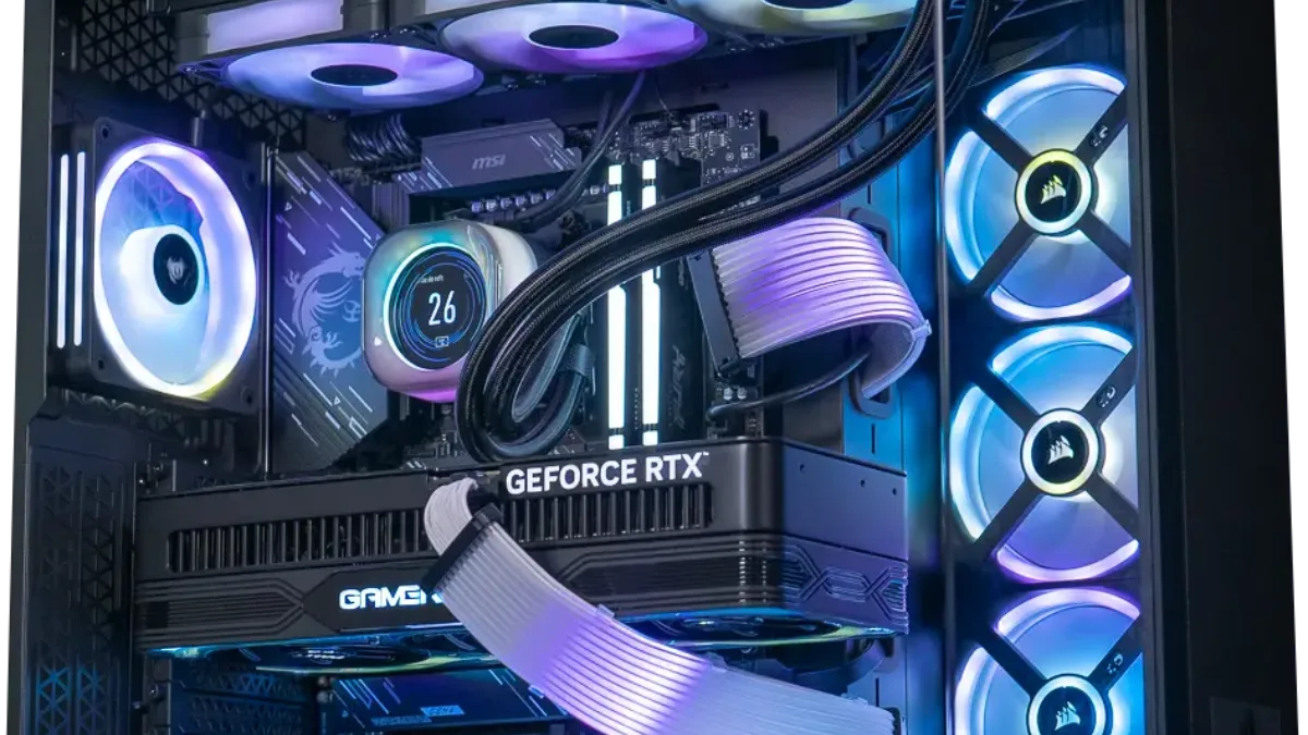 Intérieur d'un PC gamer FlowUP avec watercooling Corsair et ventilateurs RGB