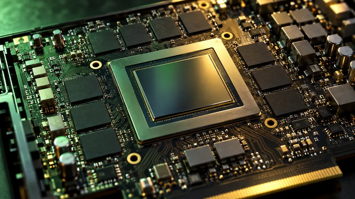 Close-up of a graphics card with the GPU chip surrounded by its video memory chips