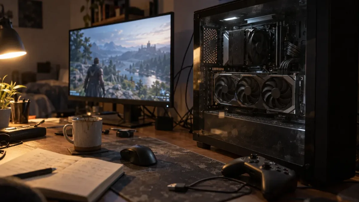 Gamingpc op een bureau naast een 27-inch 1440p-monitor