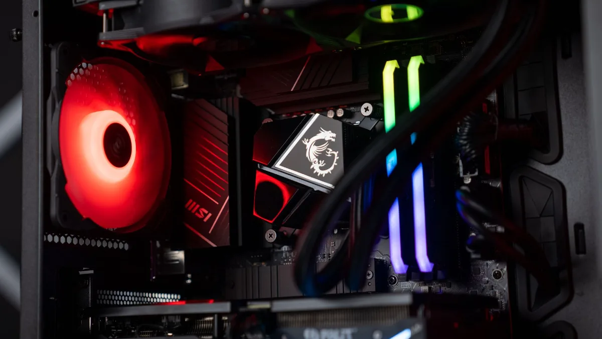 Inside a FlowUP gaming PC with an MSI motherboard and a PNY GeForce RTX graphics card