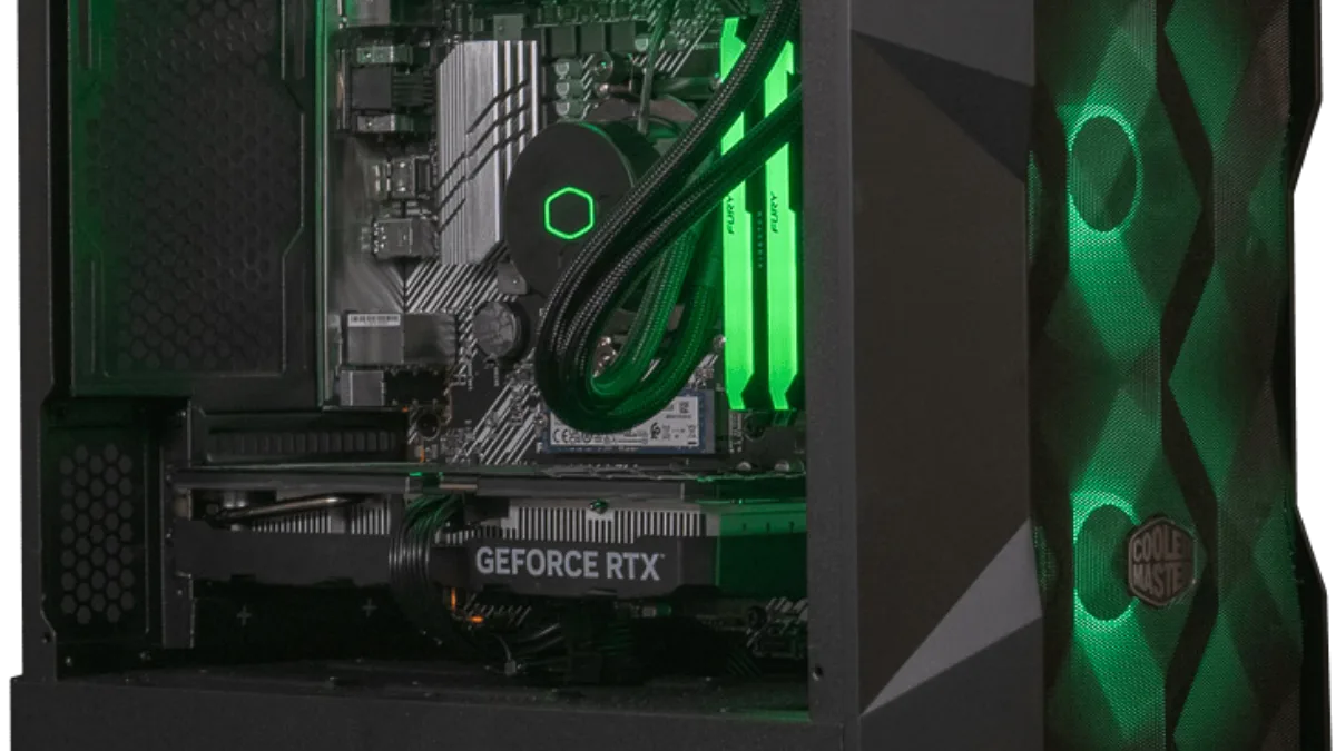PC gamer FlowUP avec éclairage vert et carte graphique visible à travers la vitre