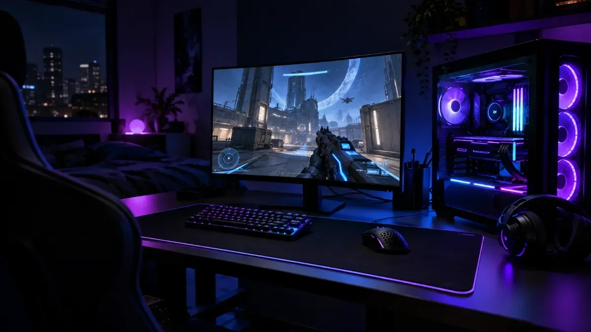 Setup PC gamer avec un grand écran affichant un jeu et un éclairage violet