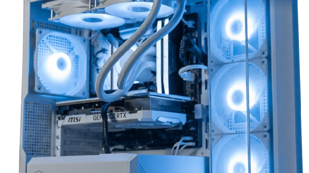 Gaming PC powered by MSI with watercooling and blue RGB fans