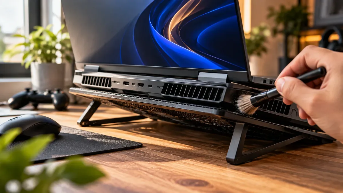 Ordinateur portable posé sur un support ventilé pour améliorer son refroidissement