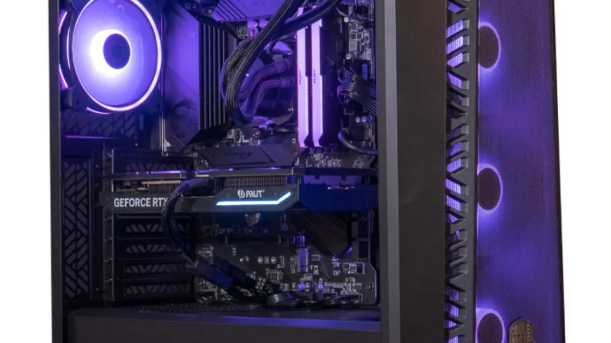 FlowUP gaming PC with violet lighting and water cooling