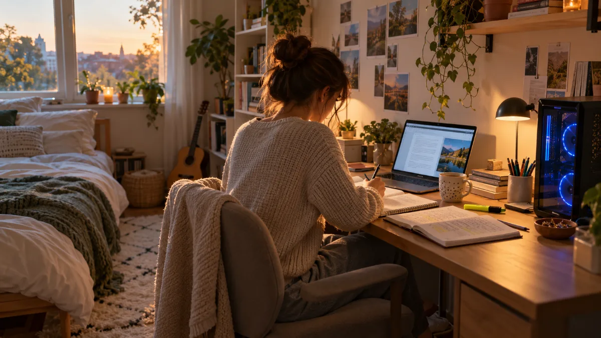 Studente die op een laptop werkt aan haar bureau, naast een gaming-pc-toren