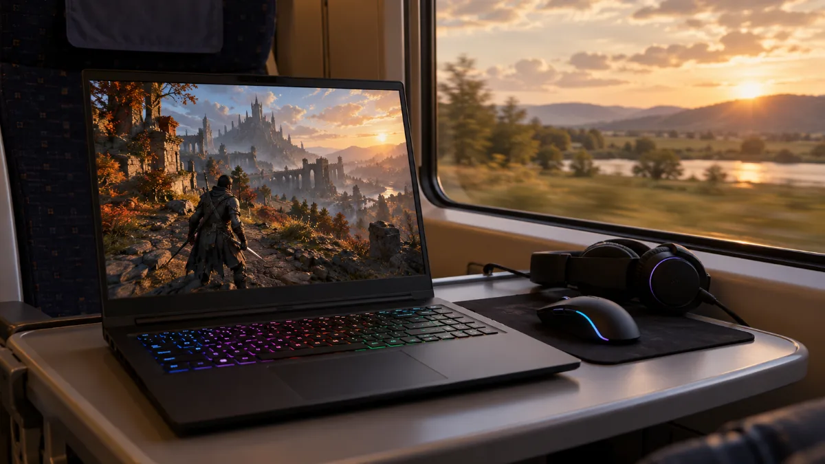 PC portable gamer au clavier rétroéclairé posé sur la tablette d'un train