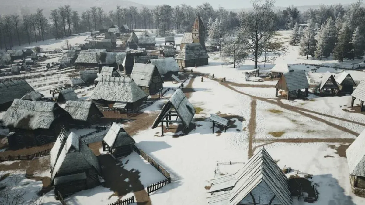Snowy village in winter in Manor Lords