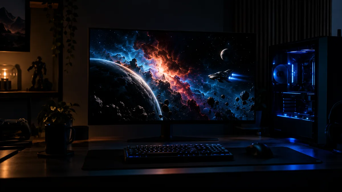 OLED gaming display showing a space scene with deep blacks in a dark room, next to a gaming PC