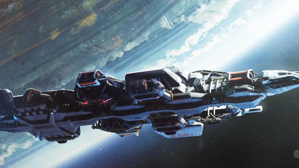 Vaisseau spatial en vol au-dessus d'une planète dans Starfield