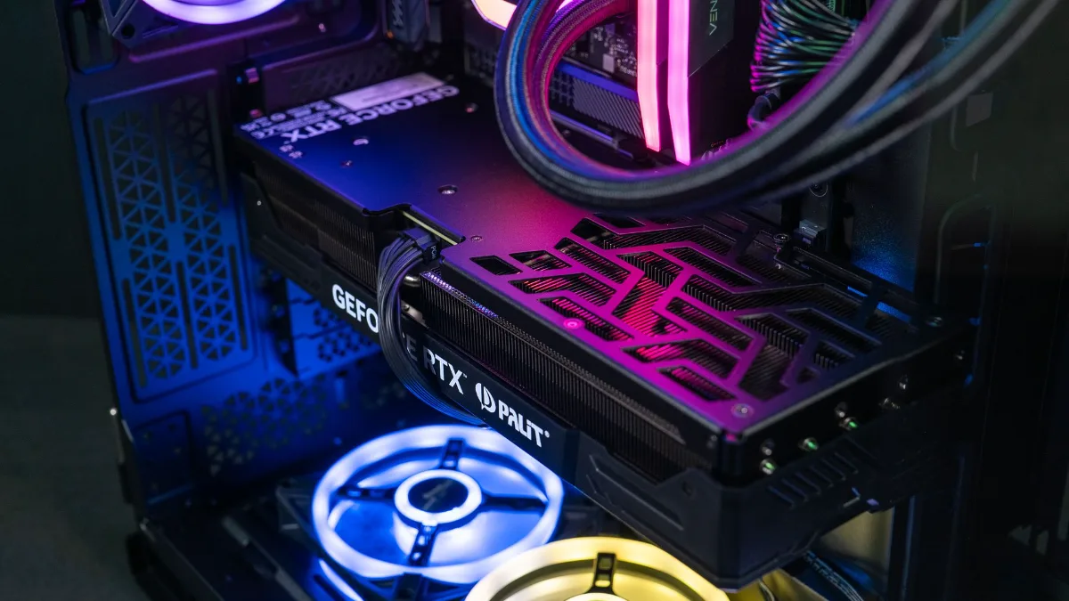 Interior of a FlowUP gaming PC with water cooling and RGB lighting