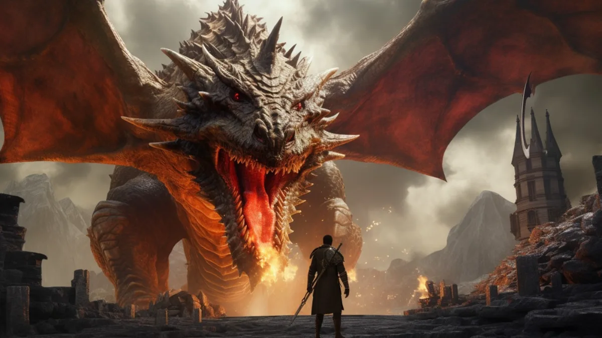 An adventurer facing a dragon that breathes fire in Dragon's Dogma 2