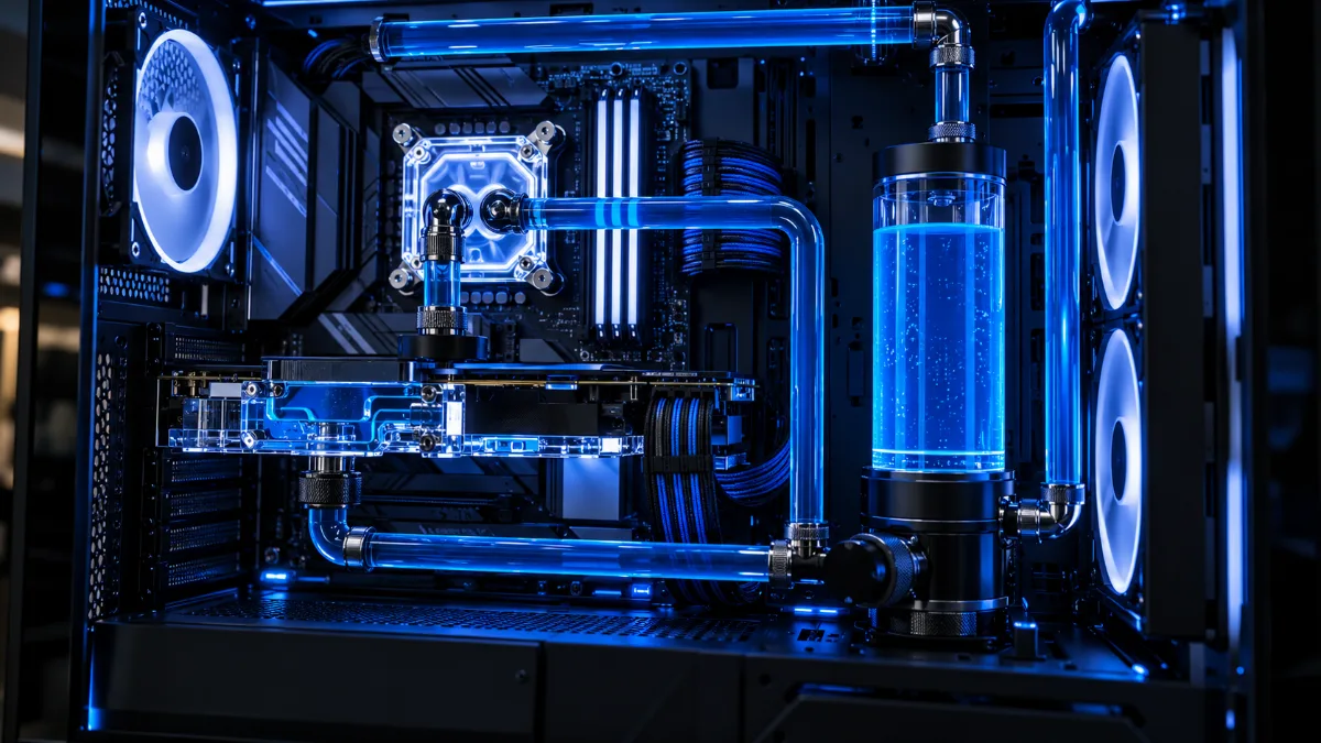 Inside a gaming PC with custom watercooling, rigid tubes and blue liquid