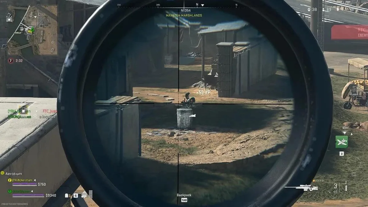 View through the scope of a sniper rifle in Warzone