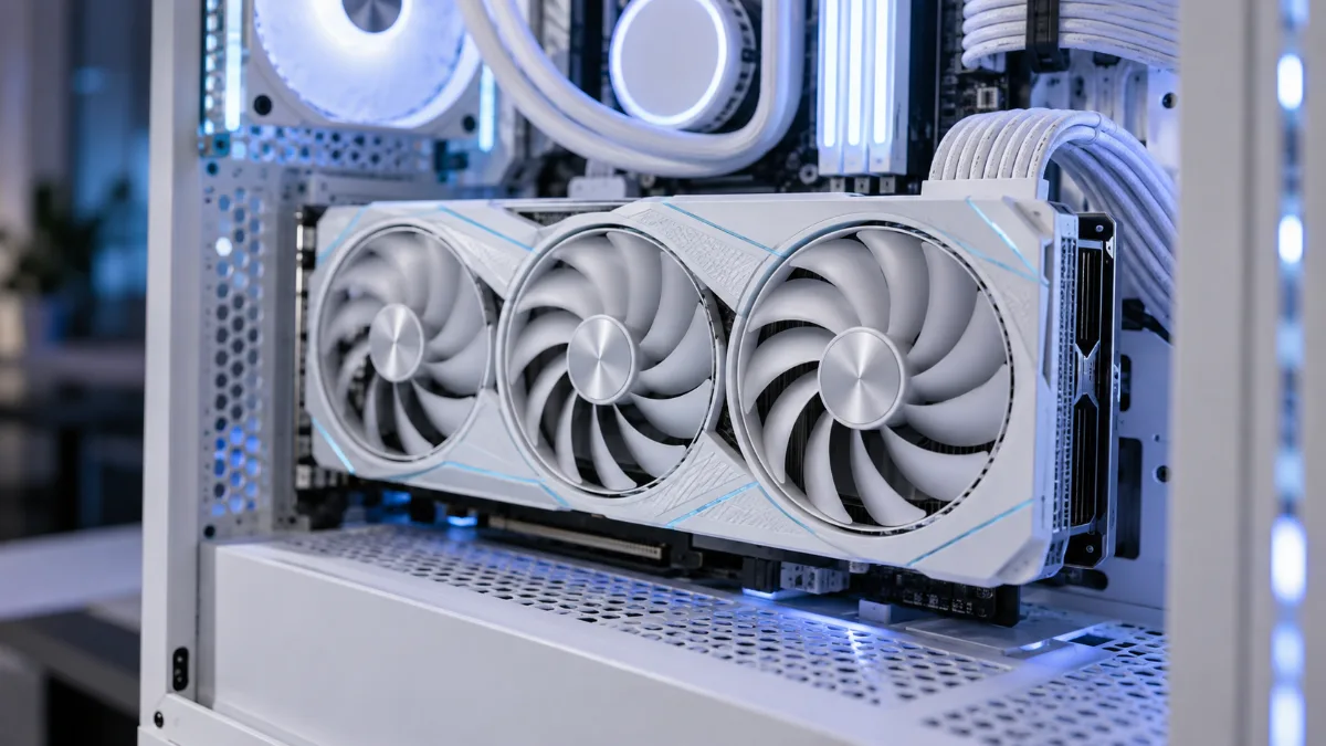 Carte graphique blanche à triple ventilateur installée dans un PC gamer blanc