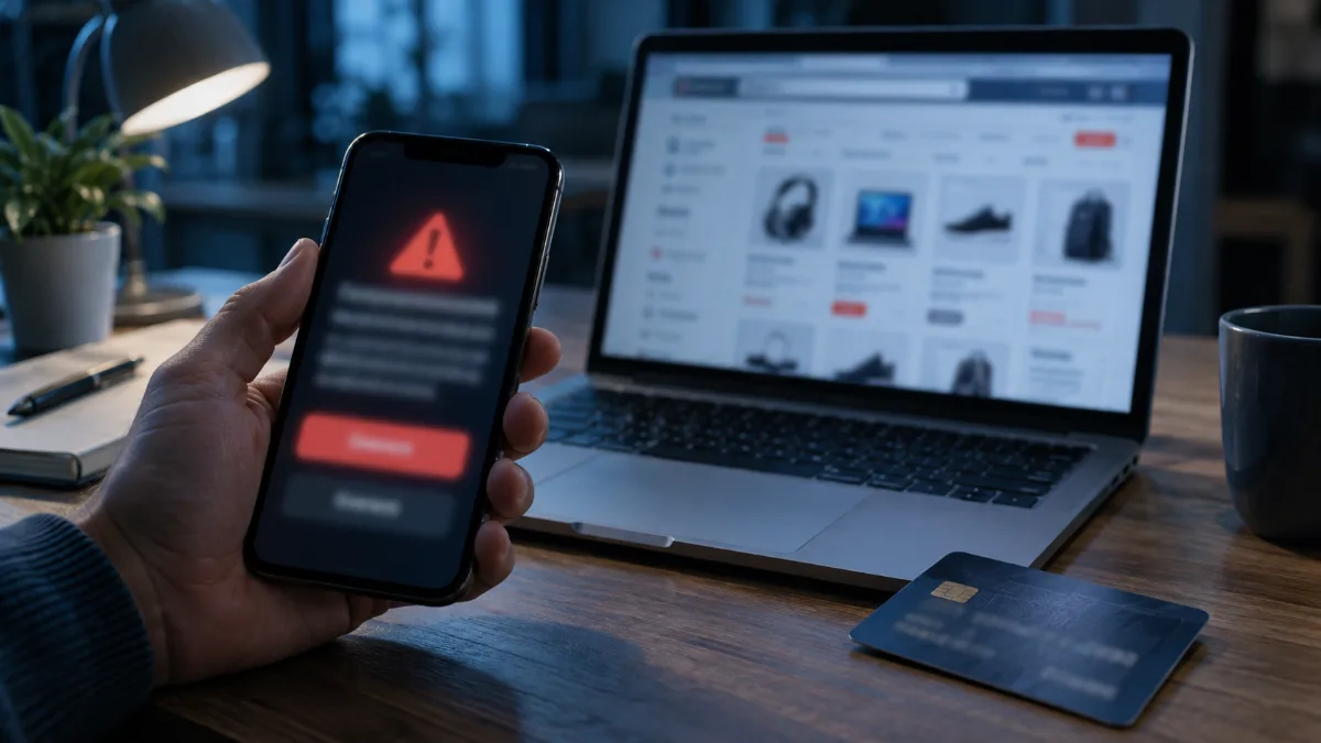 Smartphone showing an alert next to a laptop open on an online shop and a bank card
