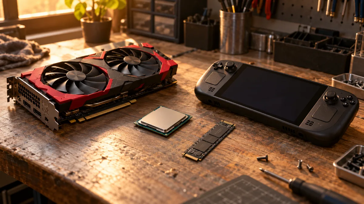 Graphics card, processor, SSD and handheld console on a workbench