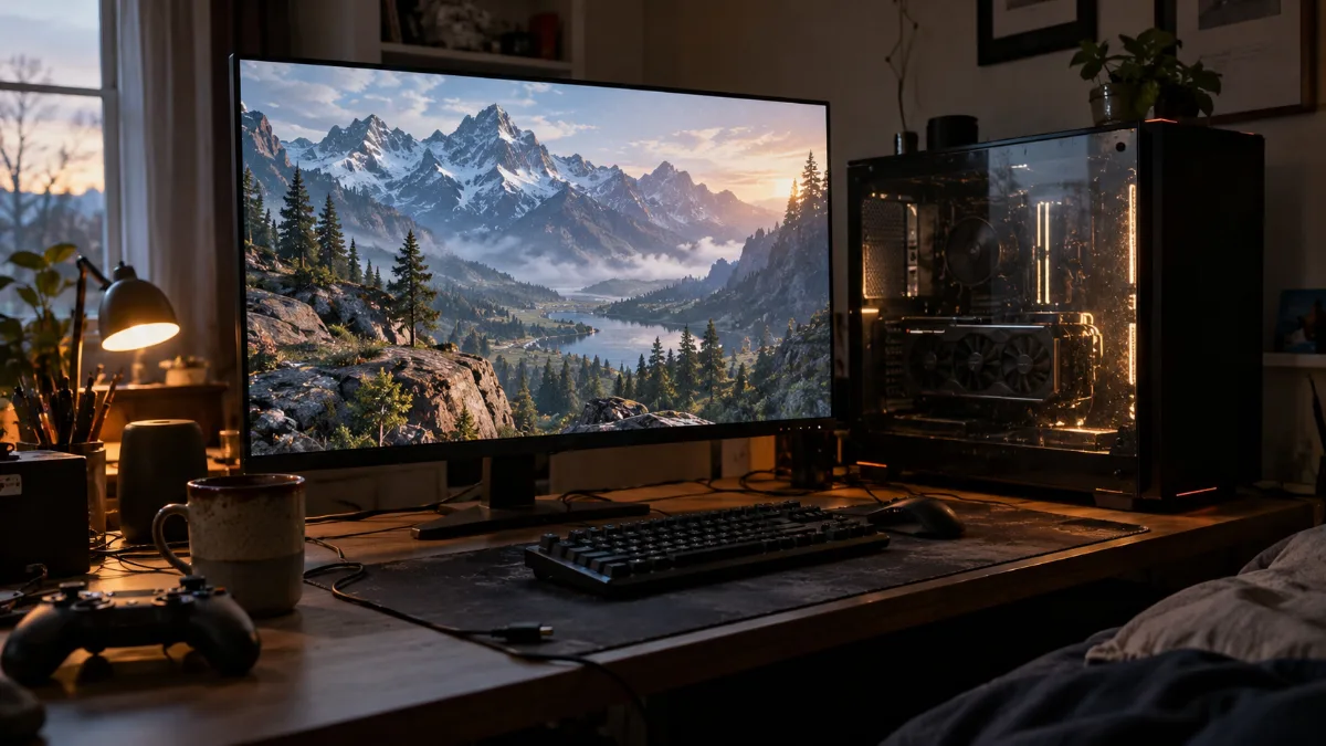 Bureau de joueur avec un écran 4K de 32 pouces affichant un paysage de montagne et une tour PC gamer vitrée