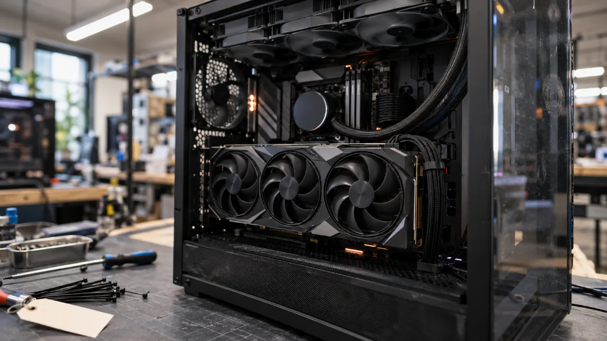Carte graphique à triple ventilateur installée dans un PC gamer vitré