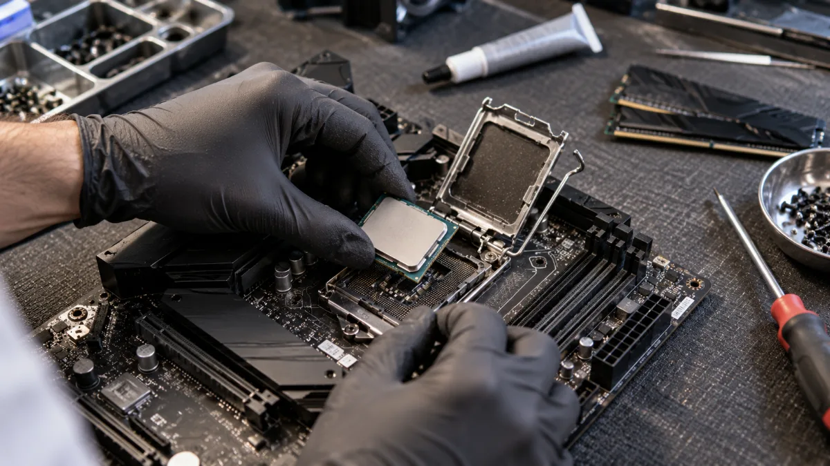 Mains posant un processeur dans le socket d'une carte mère à l'atelier