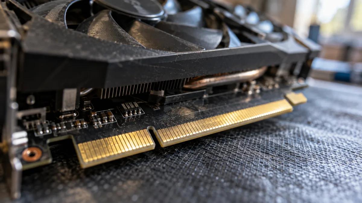 Gros plan sur le connecteur PCI Express doré d'une carte graphique