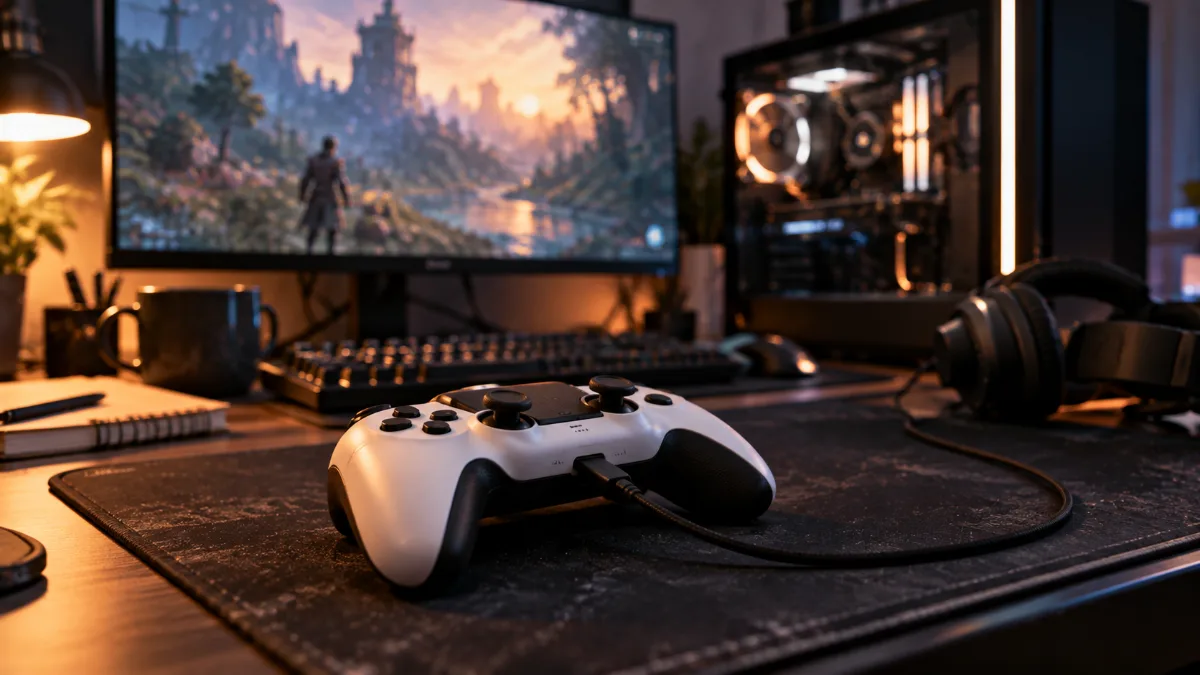 Manette de jeu blanche posée devant un PC gamer et un écran sur un bureau