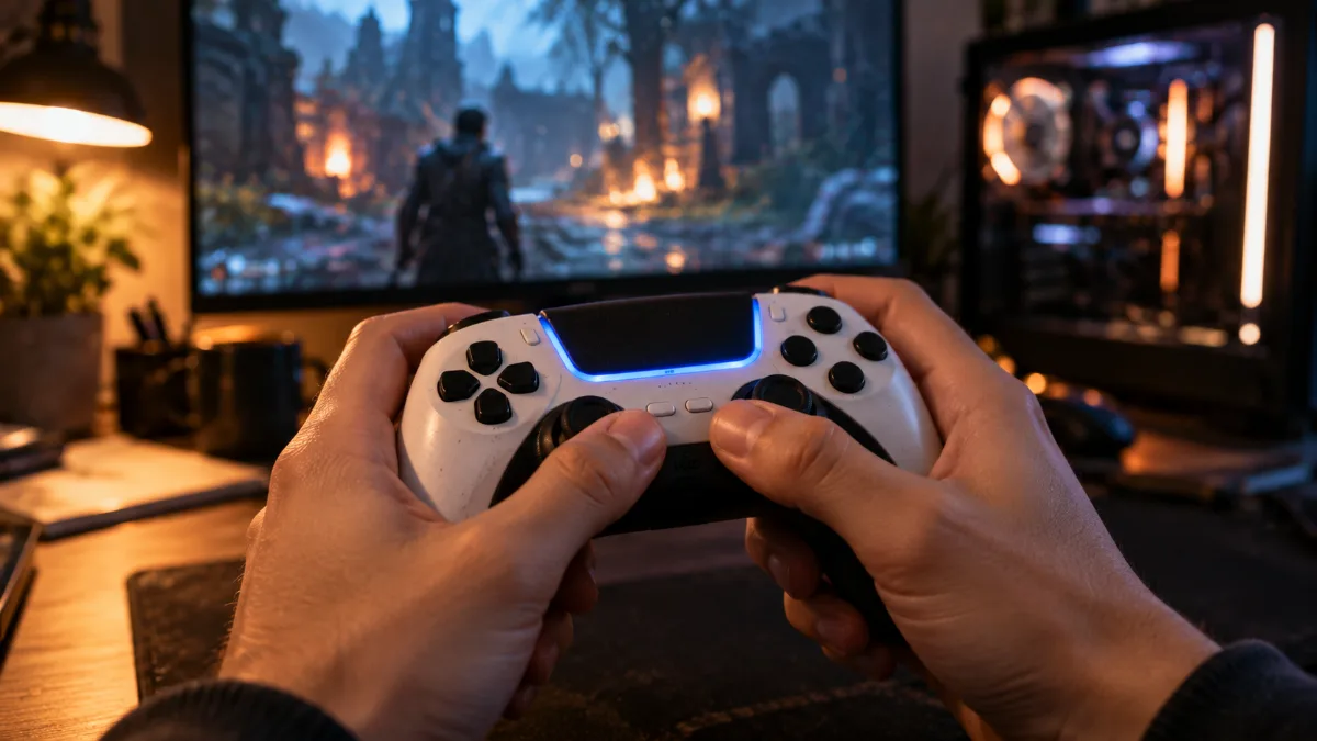 Mains tenant une manette de jeu blanche en train de l'appairer en Bluetooth