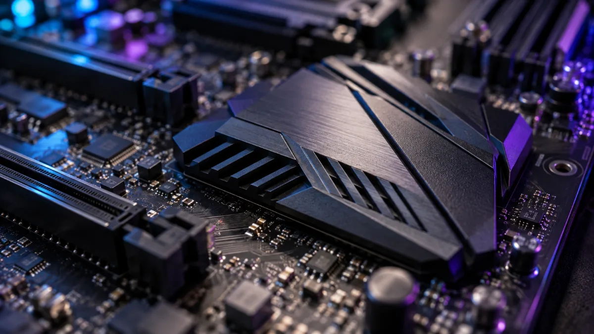 Gros plan sur le dissipateur du chipset d'une carte mère de PC gamer