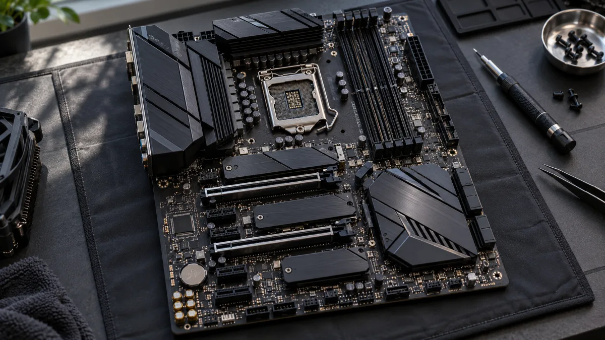 Carte mère de PC gamer vue de dessus avec le socket du processeur, les emplacements PCIe et le chipset