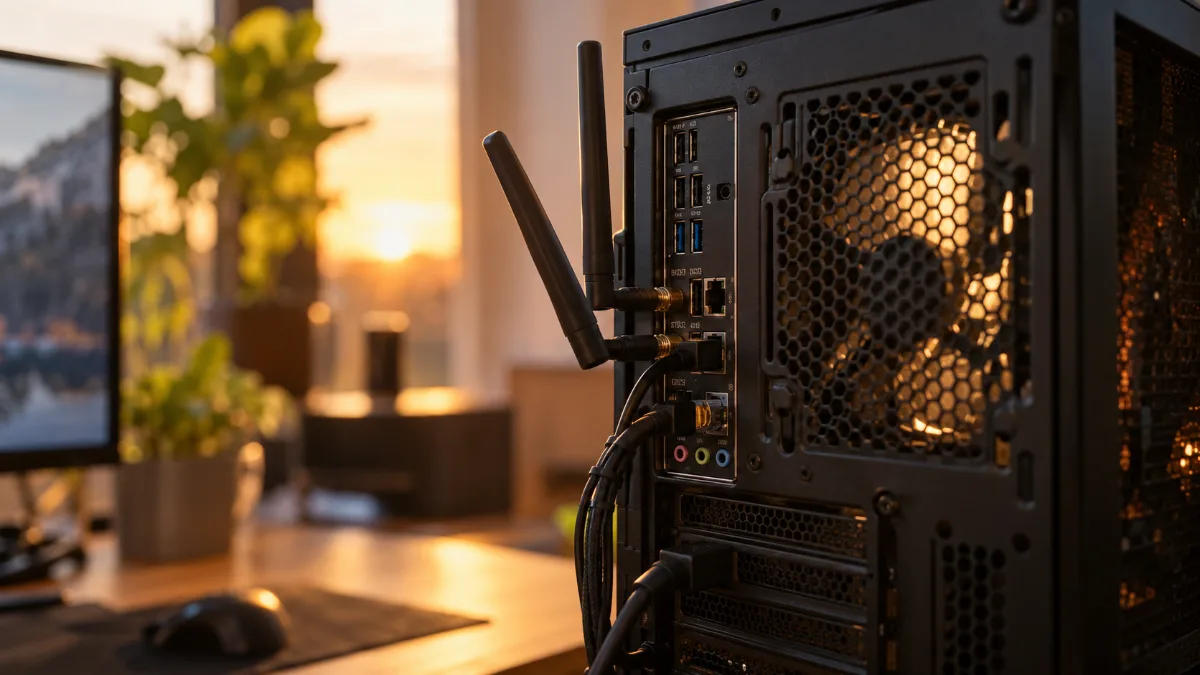 Antennes Wi-Fi vissées à l'arrière d'un PC gamer posé sur un bureau