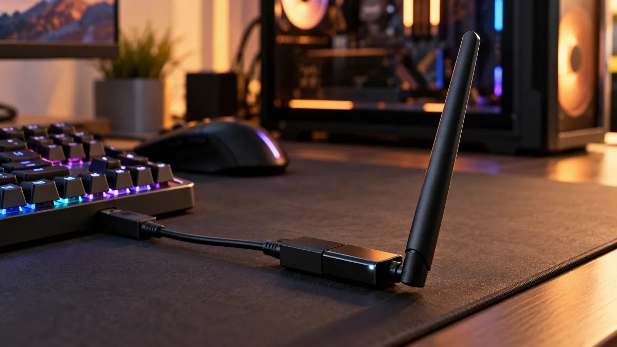Clé Wi-Fi USB avec antenne branchée sur une rallonge posée sur un bureau gaming
