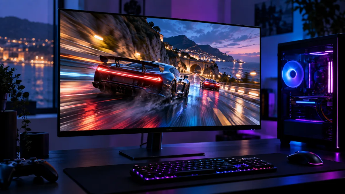 Écran gaming affichant une scène de jeu rapide et fluide sur un bureau avec un PC gamer