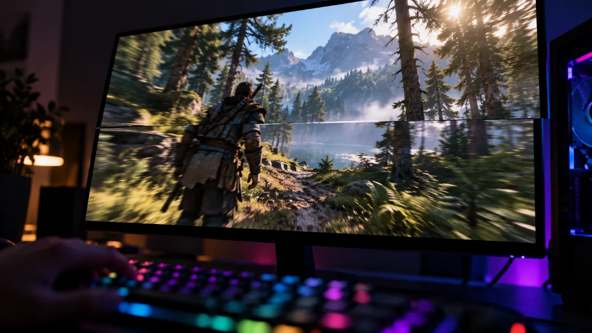 Écran de jeu montrant une image coupée en deux par un effet de déchirure horizontale