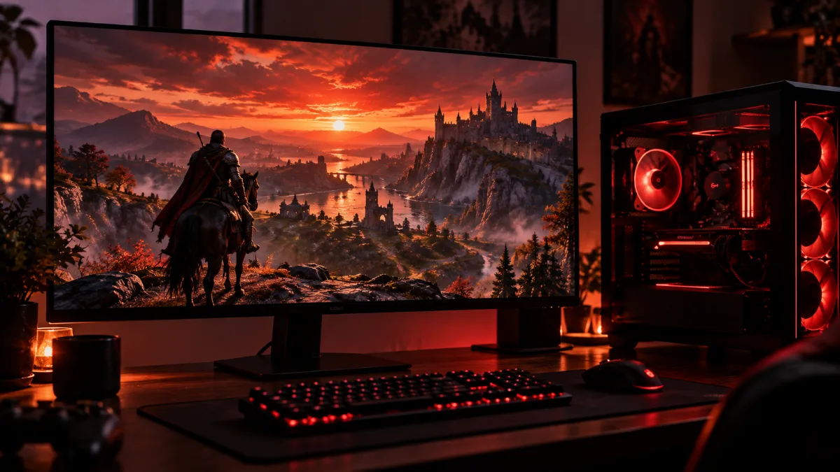 PC gamer sur un bureau affichant un paysage de monde ouvert médiéval sur un grand écran