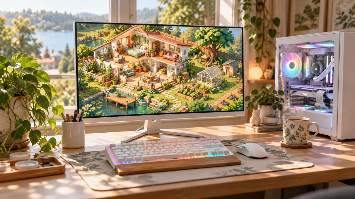 Bureau cosy avec un PC gamer blanc et un écran affichant un jeu de simulation de vie aux couleurs vives