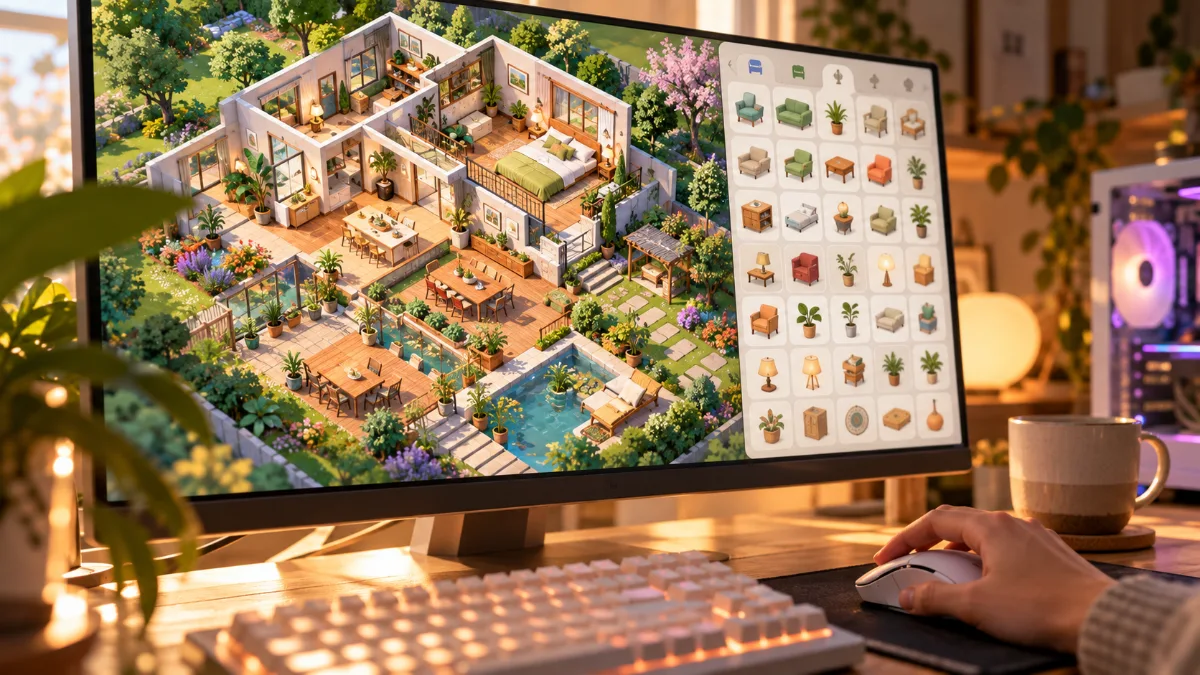 Écran de PC affichant un jeu de construction de maison avec une grande bibliothèque d'objets personnalisés