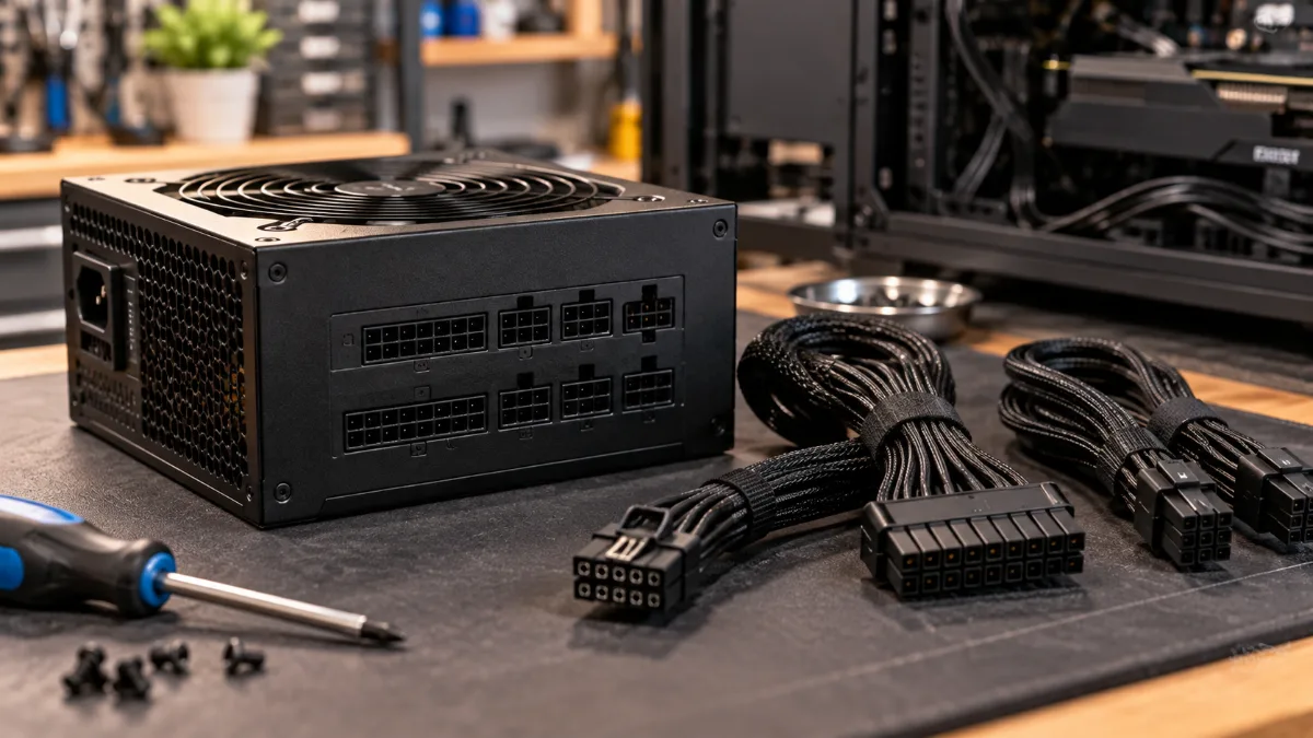 Alimentation de PC gamer modulaire posée sur un établi avec ses câbles gainés