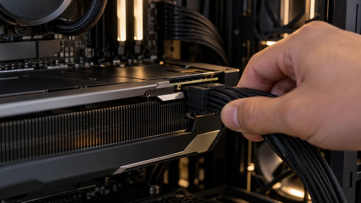 Main branchant un câble d'alimentation 16 broches sur une carte graphique dans un PC gamer