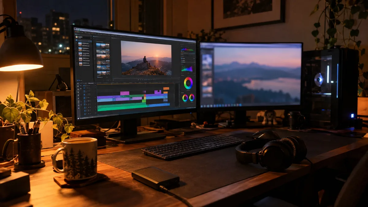 Bureau de vidéaste avec deux écrans affichant une timeline de montage et une tour de PC