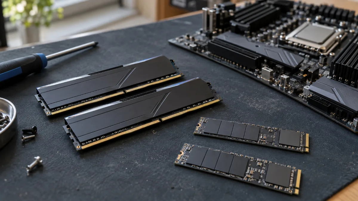 Barrettes de RAM et SSD NVMe posés à côté d'une carte mère sur un bureau