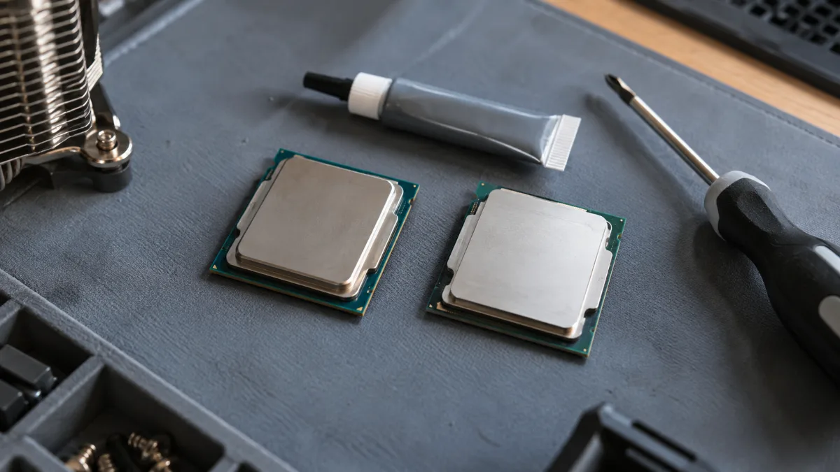 Deux processeurs Intel posés côte à côte sur un tapis antistatique à l'atelier